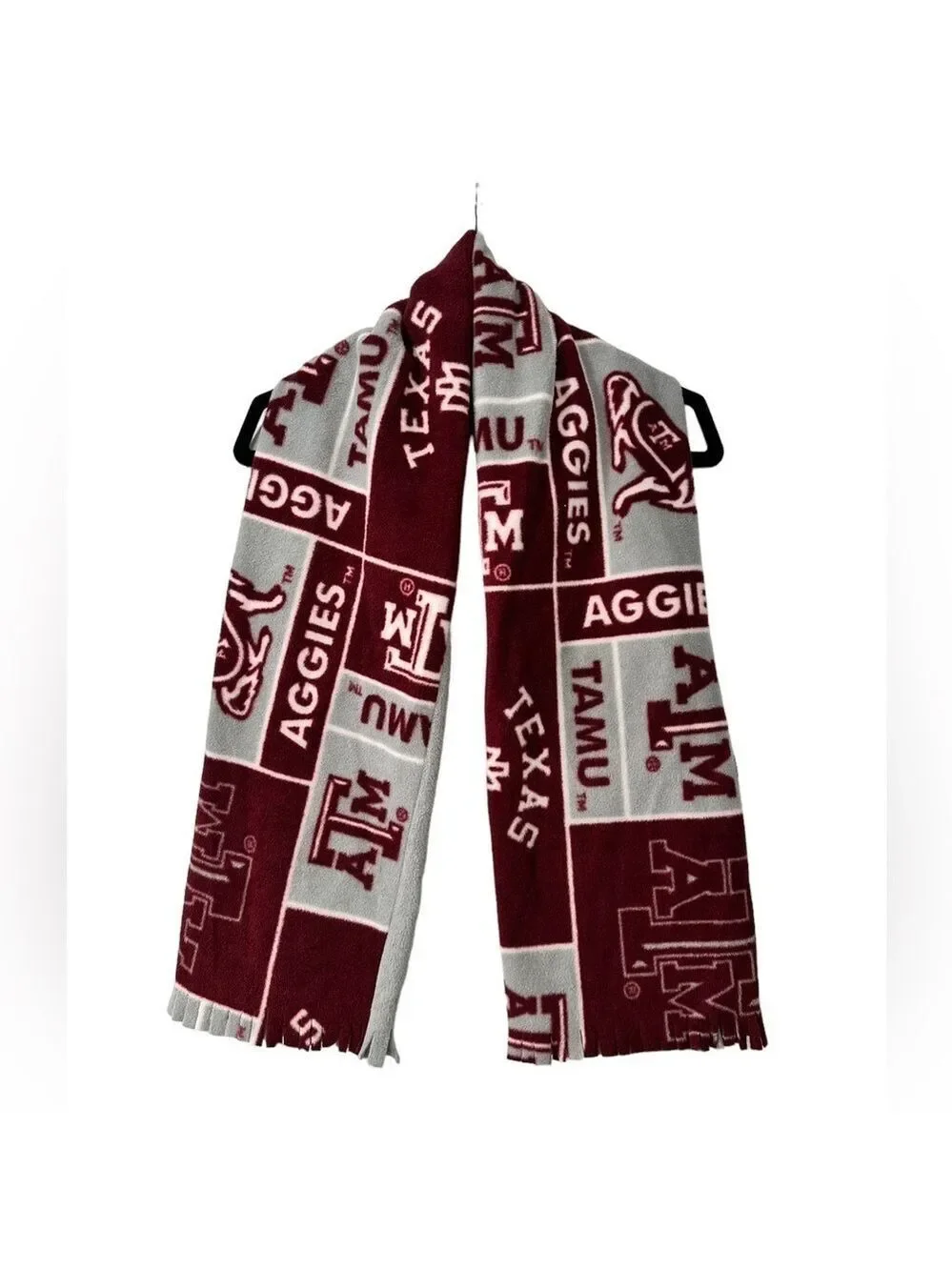 Texas A&M Fleece Scarf Unisex 9” Wide by 57” Long Burgundy Gray A&M Pattern